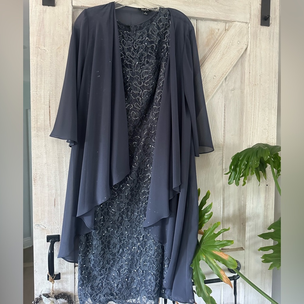 SLNY Navy Blue Beaded Lace Overlay Dress with Chiffon Jacket